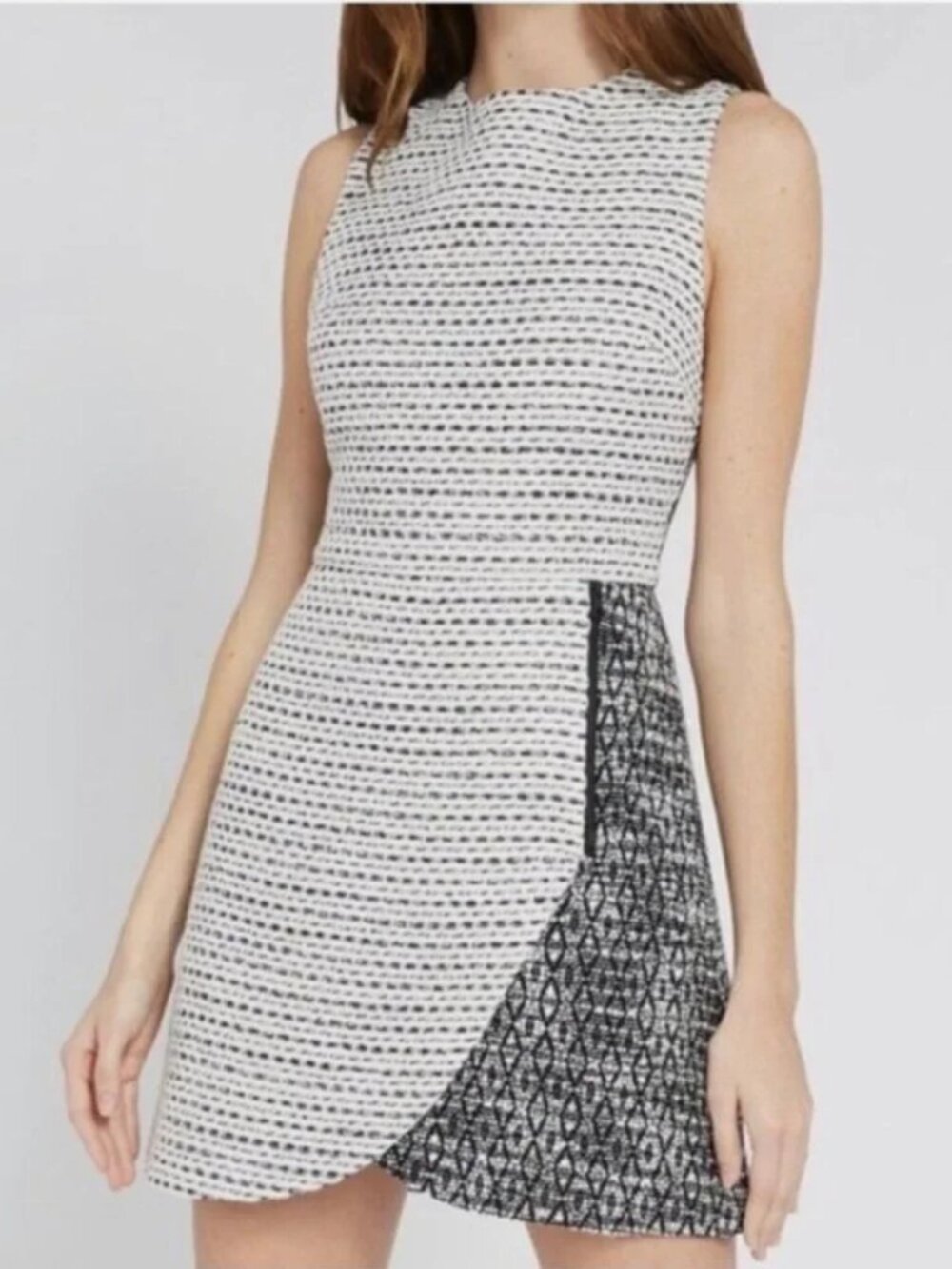 Alice + Olivia Sally Two-Tone Side-Zip Tweed Mini Dress, White/ Black, US 12